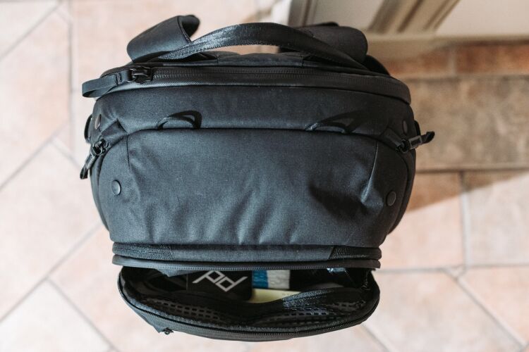 The front panel opened of the Peak Design 45L Travel Backpack